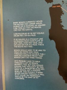 This text reads: Barry Bonds currently holds the record for career walks. During his 22 seasons, he walked 2558 times: 611 for the Pirates, 1947 for the Giants. 2558 multiplied by 90 feet equals 230200 feet or 43 point six miles. If he walked in a straight line extending from home plate at A T and T Park over first base and on and on for 43 point 6 miles, this is the route he'd take. Bonds would need to be able to walk on water and walk through walls to achieve this. I have no concrete proof that Bonds can't do these things. He'd probably have to wak through a lot of private property, too. But one would imagine that wouldn't be too much of a problem because he's Barry Bonds, not a known burflar. And frankly, if Barry Bonds walked through a wall in my house, his trespassing would be the least of my concerns.