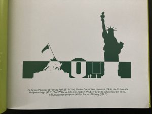 This graph shows that the green monster is taller than Ted Williams and the world's tallest man, but shorter than the marine corps memorial, the o in the Hollywood sign, NFL regulation goalposts, and the Statue of Liberty.