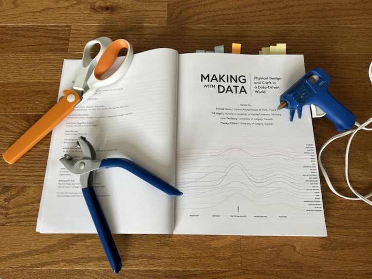 inside cover of Making with Data book, with scissors, pliers, and a glue gun on top