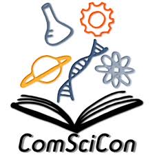 com sci con logo, with a book, saturn, dna double helix, atom symbol, gear, and laboratory flask