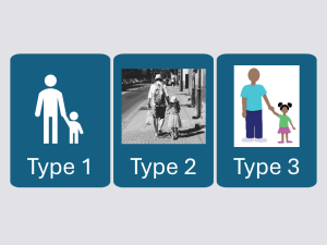 Slide with an icon of a parent and child, a black and white photo of a parent and child, and a color vector illustration of a parent and child