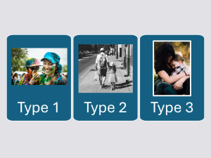 Slide with three photos of parents and children, with different colors, shapes, and borders