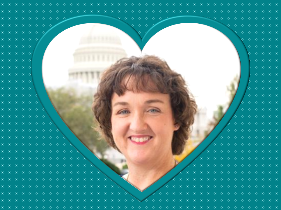 This is US Representative Katie Porter's face within a heart frame