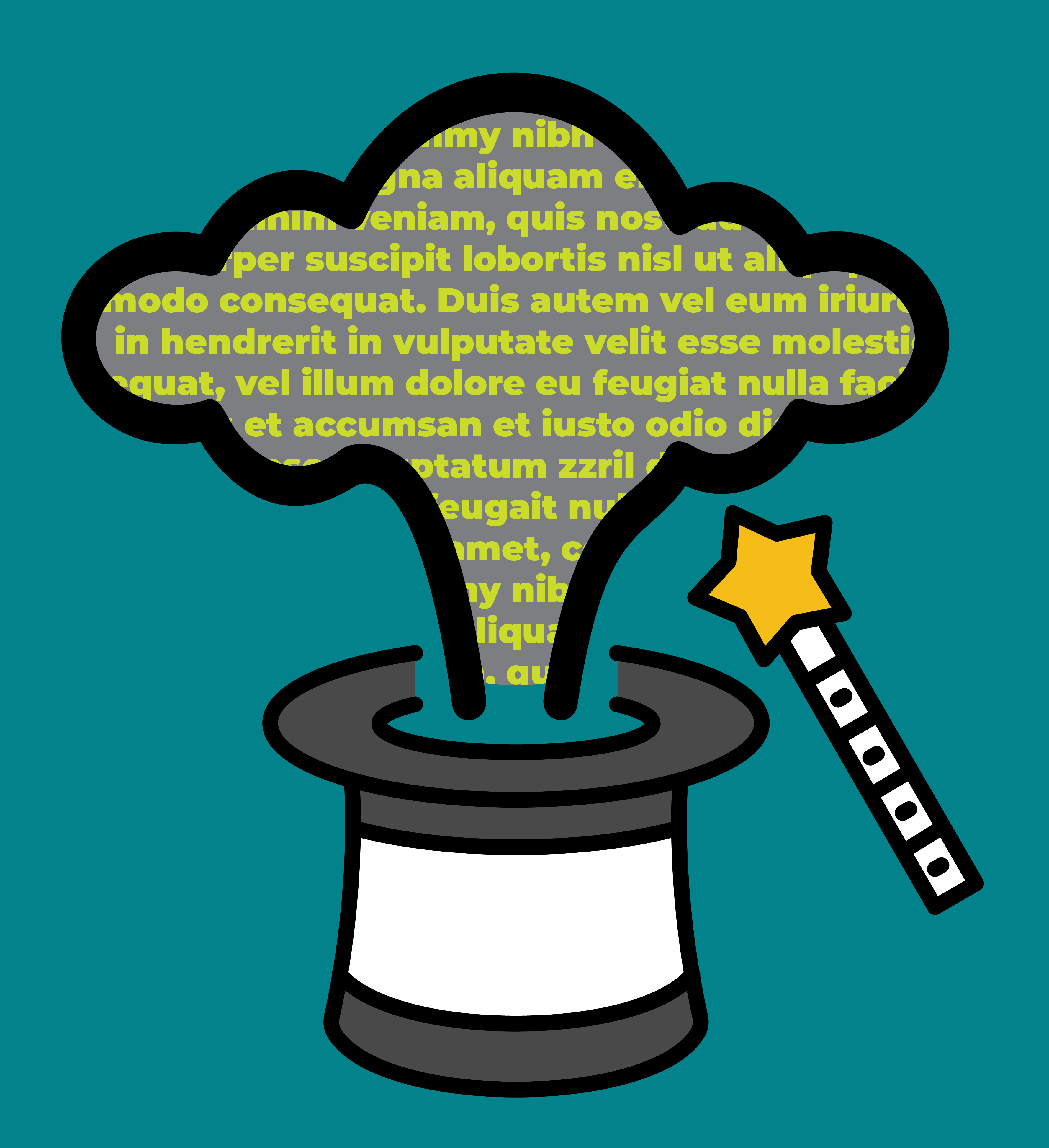 magician's hat and wand, with lorem ipsum text puffing out of the hat