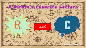 A complicated slide showing that a pirate's favorite letters are R and C. There's a vintage pirate map in the background, different colored shapes, and text in different fonts and colors.